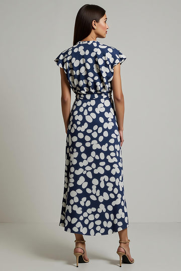 White Blue Printed A Line Wedding Guest Dress with Slit